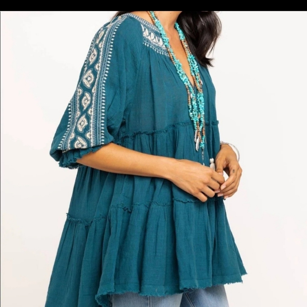 NWOT, Beautifully embroidered, turquoise free people tunic/dress. - Picture 3 of 11